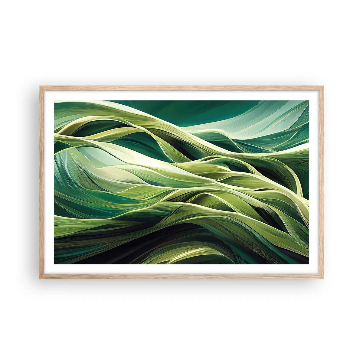 Plakat i ramme af lyst egetræ - Et abstrakt spil med grønt - 91x61 cm