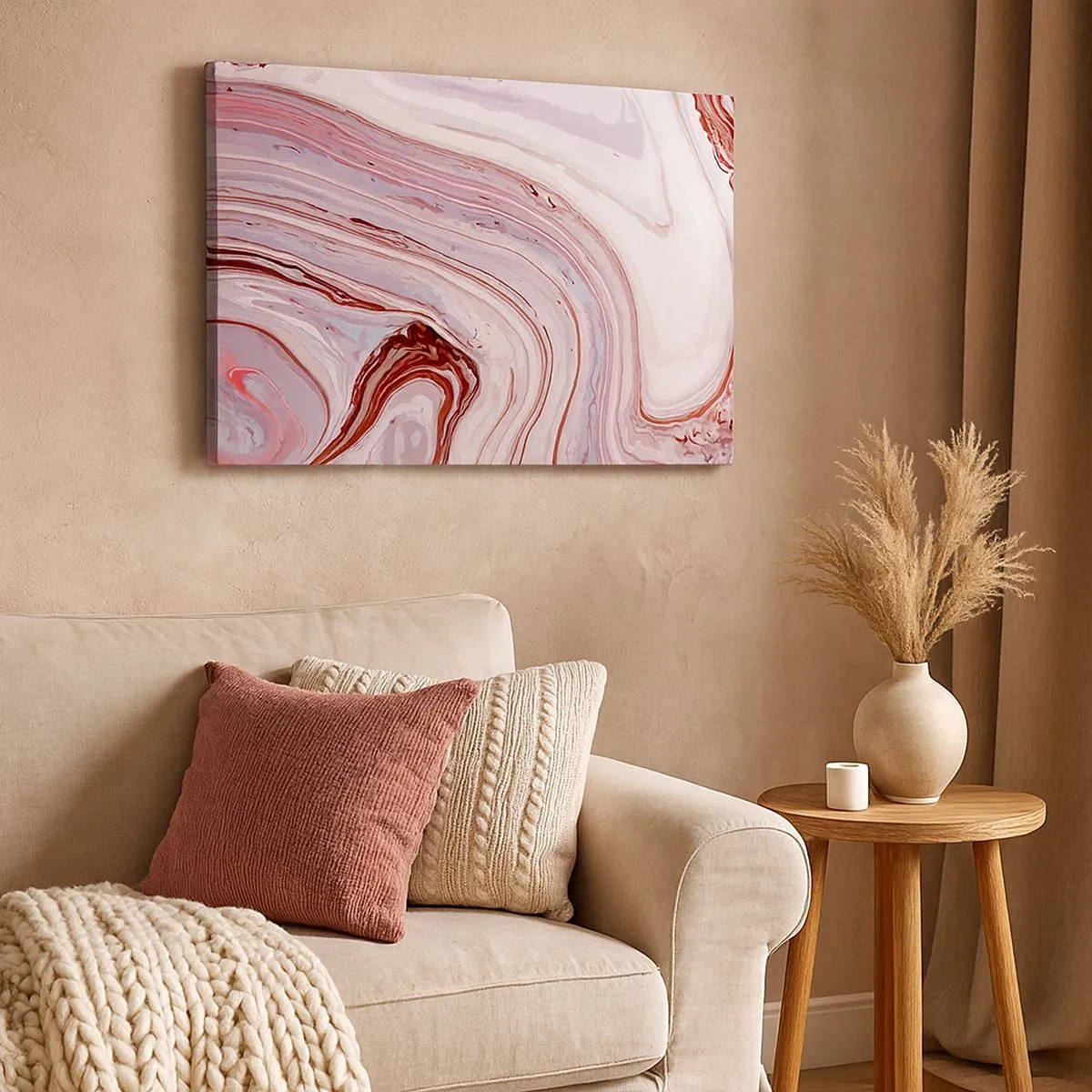 Lærredstryk - Billede på lærred - Abstrakt mønster i pink og hvid - 70x50cm - Lige frem og derefter til højre ned - Moderne vægdekoration til stue og soveværelse ARTTOR