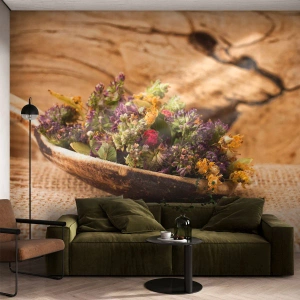 Fototapet Standard Eco - Tørrede krydderurter på en rustik træske - 100x70cm - Farverige blomster og velduftende urter - Moderne vægdekoration til stue og soveværelse ARTTOR