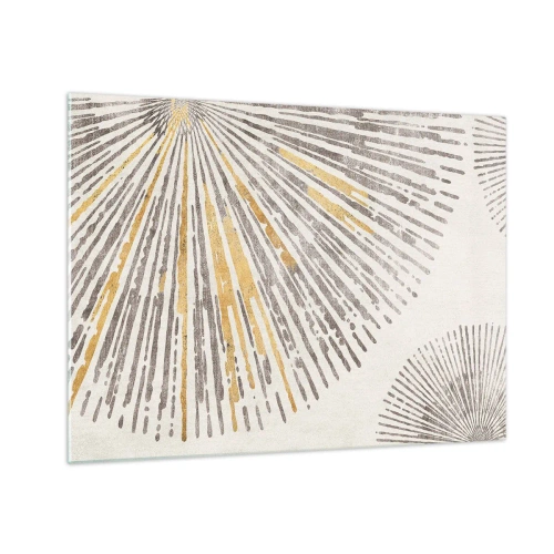 Billede på glas - Radiale linjer i nuancer af guld og grå på en lys baggrund - 70x50cm - Skønheden i en rokke - Moderne vægdekoration til stue og soveværelse ARTTOR