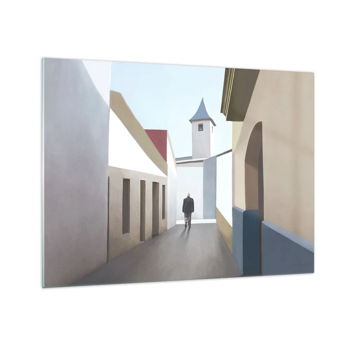 Billede på glas - En gade i solen med en skikkelse, der går i det fjerne - 70x50cm - Solrig gåtur - Moderne vægdekoration til stue og soveværelse ARTTOR