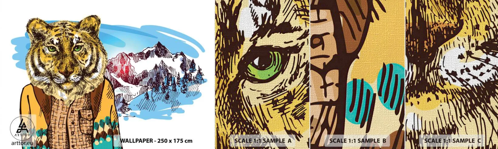 Prøve Fototapet Premium Canvas - Ikke så vild som han er tegnet - Abstraktion, Tiger, Bjerge - 100x30 cm