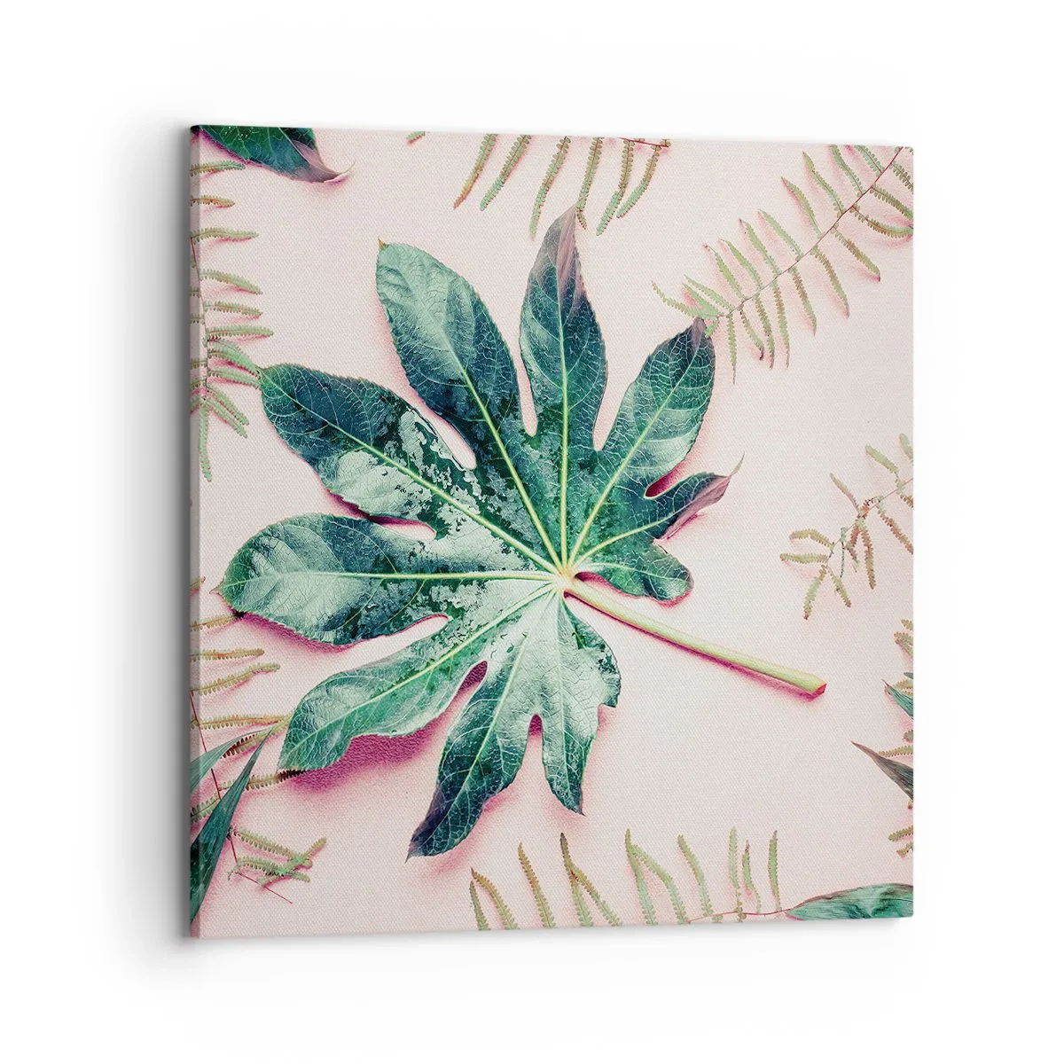 Lærredstryk - Billede på lærred - En undersøgelse af grønt på en lyserød baggrund - 70x70 cm