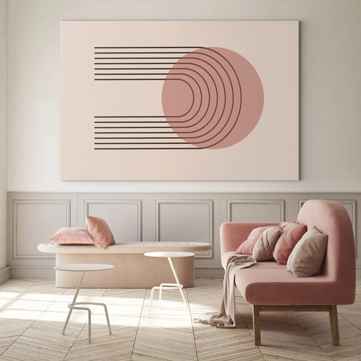 Billede på glas - Minimalistisk geometrisk grafik i beige nuancer - 70x50cm - Uimodståelig tiltrækningskraft - Moderne vægdekoration til stue og soveværelse ARTTOR