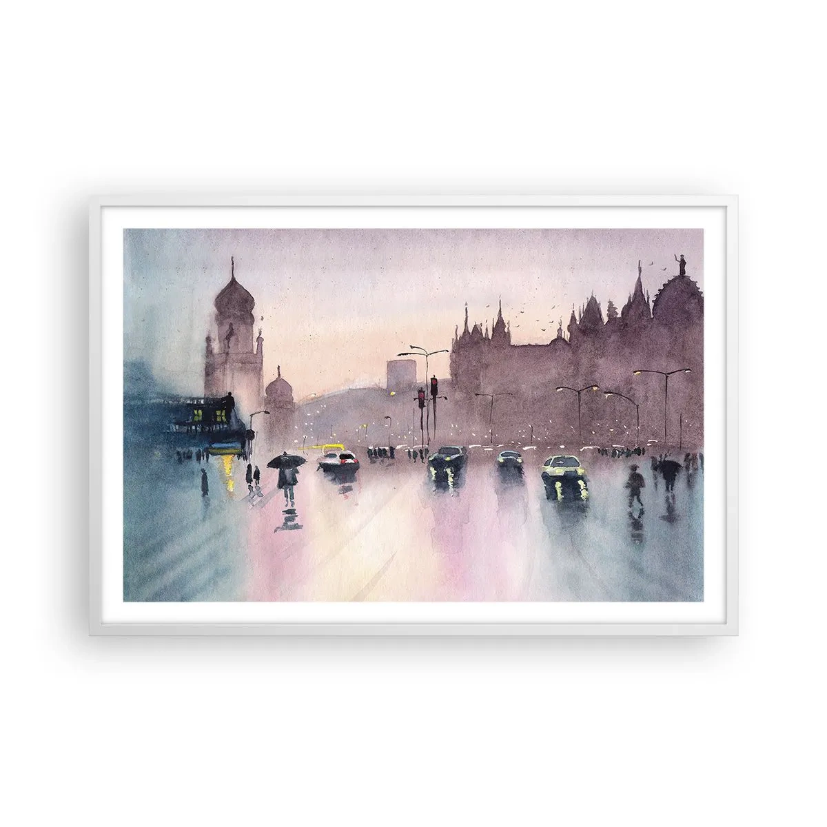 Plakat i hvid ramme - I en regnfuld tåge - 91x61 cm