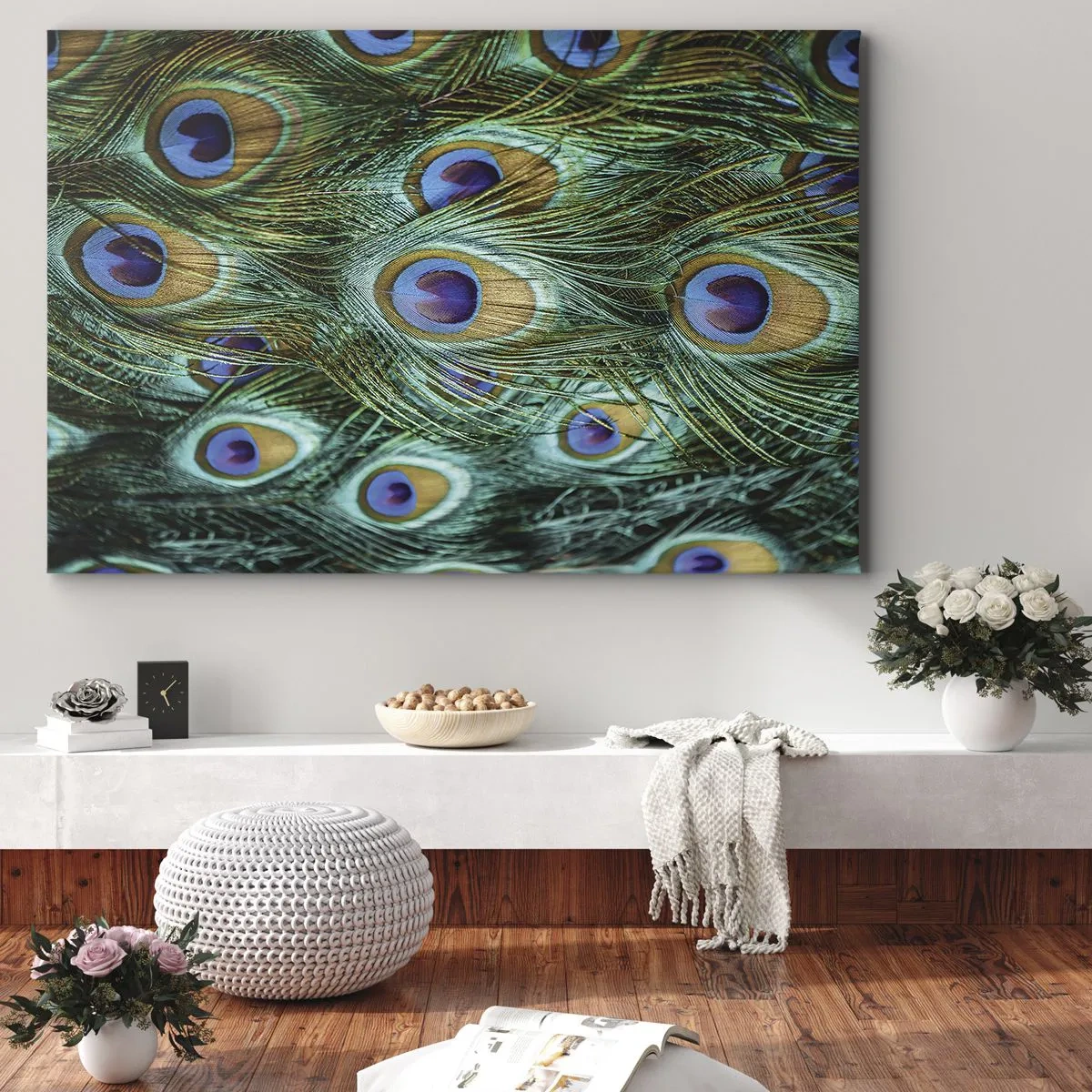 Lærredstryk - Billede på lærred - Detaljer af påfuglefjer i rige farver - 70x50cm - En påfugls blik - Moderne vægdekoration til stue og soveværelse ARTTOR