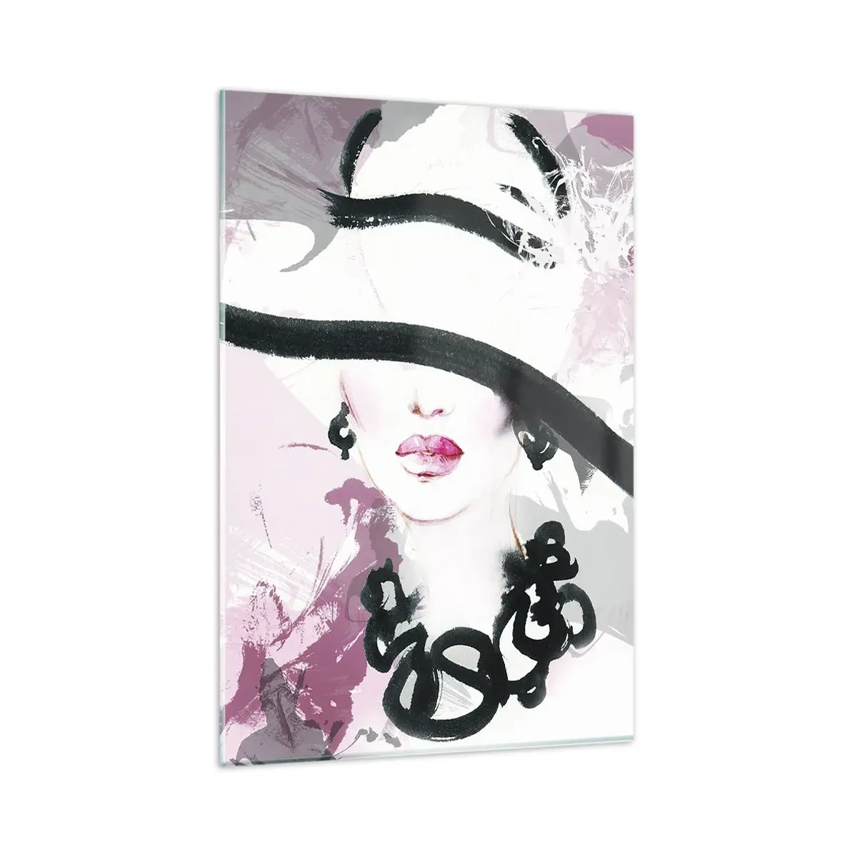Billede på glas - Portræt af en dame i sort og lyserødt - 80x120 cm