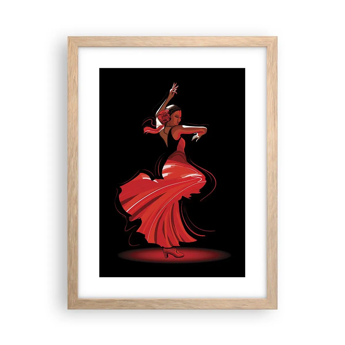 Plakat i ramme af lyst egetræ - Flamencoens brændende ånd - 30x40 cm