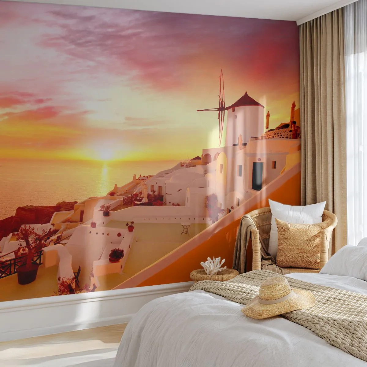 Fototapet Standard Eco - Opløses i hvidt og guld - Landskab, Santorini, Grækenland - 450x315 cm