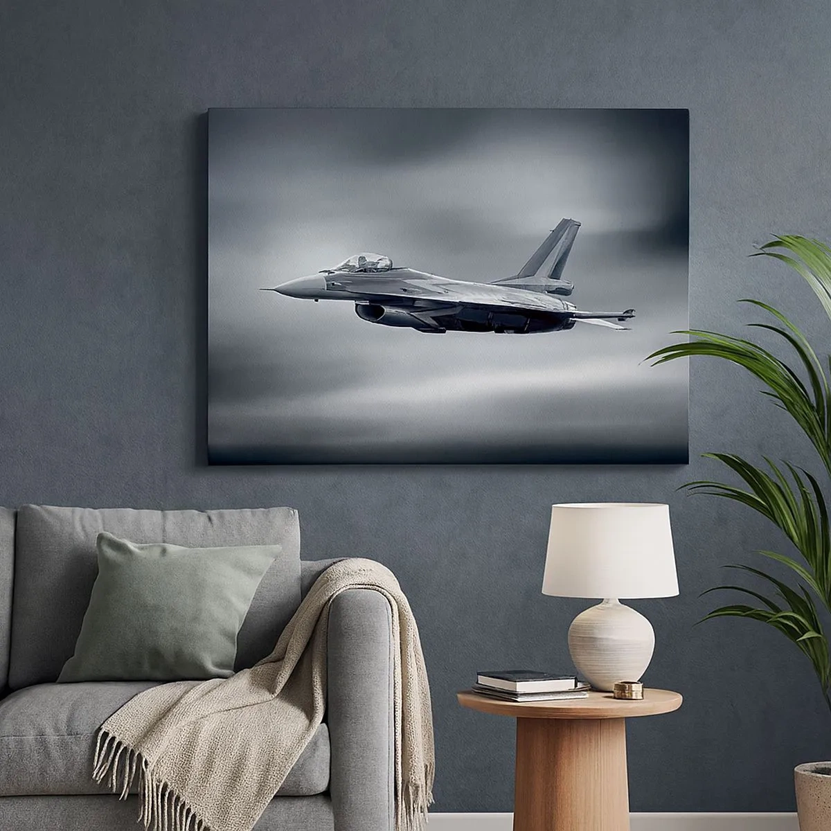 Lærredstryk - Billede på lærred - Et jagerfly i luften mod en overskyet himmel - 70x50cm - Vil du tage udfordringen op? - Moderne vægdekoration til stue og soveværelse ARTTOR