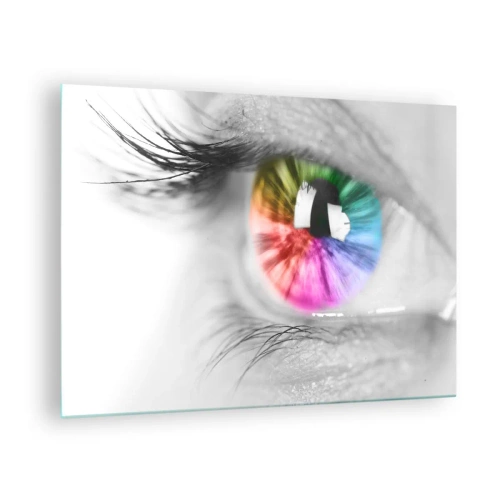 Billede på glas - Farverig iris på en sort og hvid baggrund - 70x50cm - Se verden i farver - Moderne vægdekoration til stue og soveværelse ARTTOR