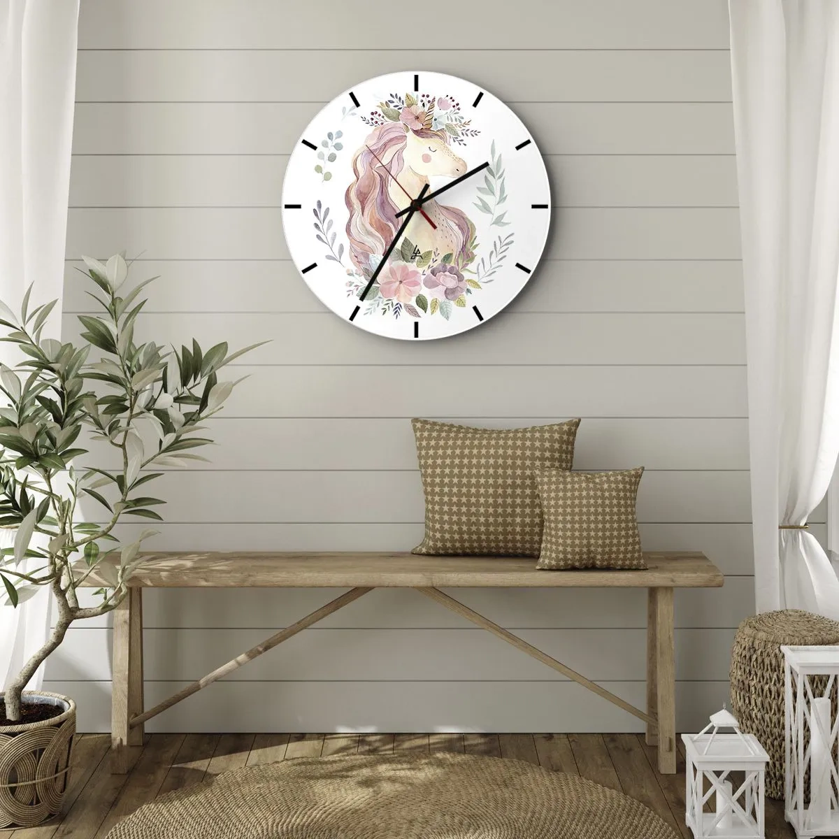 Vægur, Uret - Akvarel enhjørningshoved med en blomsterkrone - 30x30cm - En invitation til eventyrets verden - Moderne vægdekoration til stue, køkken og soveværelse ARTTOR