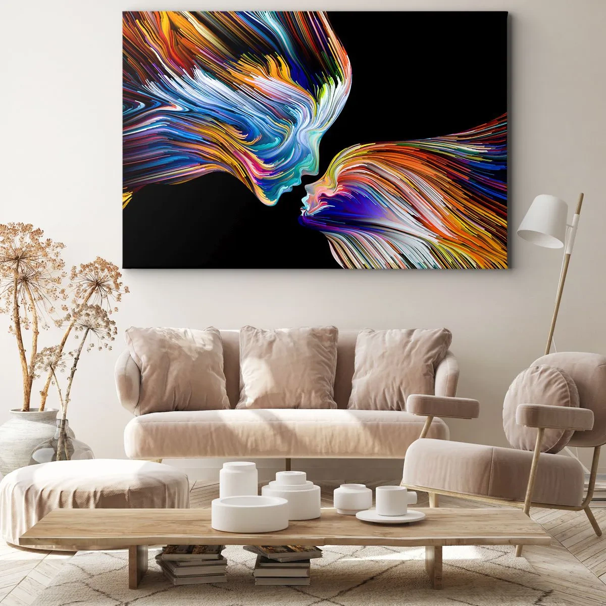 Lærredstryk - Billede på lærred - Farverige silhuetter af ansigter i dynamiske strømme på en sort baggrund - 70x50cm - Fusion af energi og lys - Moderne vægdekoration til stue og soveværelse ARTTOR