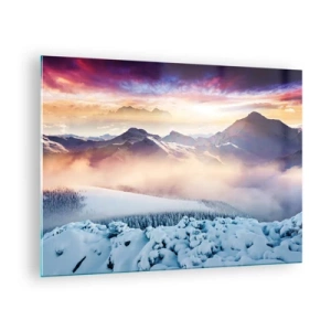 Billede på glas - Vinterbjerglandskab med nedgående sol og tåge - 70x50cm - Naturens kraft og renhed - Moderne vægdekoration til stue og soveværelse ARTTOR