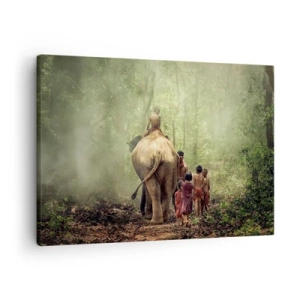 Lærredstryk - Billede på lærred - Børn med en elefant i en grøn skov i morgenlyset - 70x50cm - Den nye Junglebog - Moderne vægdekoration til stue og soveværelse ARTTOR