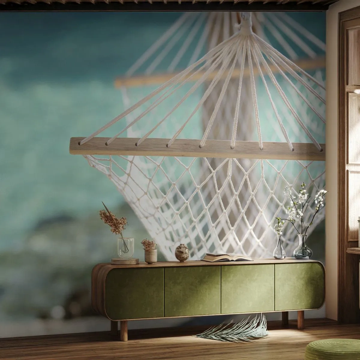 Fototapet Premium Sand - Tid til afslapning - Hængekøje, Strand, Rejser - 200x140 cm