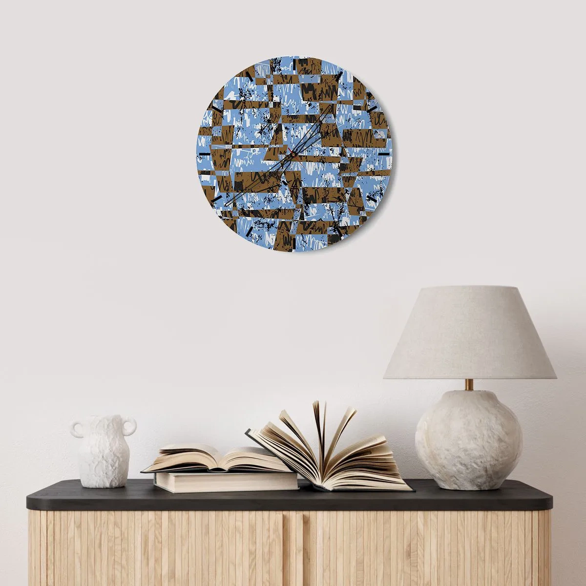 Vægur, Uret - Geometriske mønstre i nuancer af blå og brun - 30x30cm - Ikke oversvømmet udskæring - Moderne vægdekoration til stue, køkken og soveværelse ARTTOR