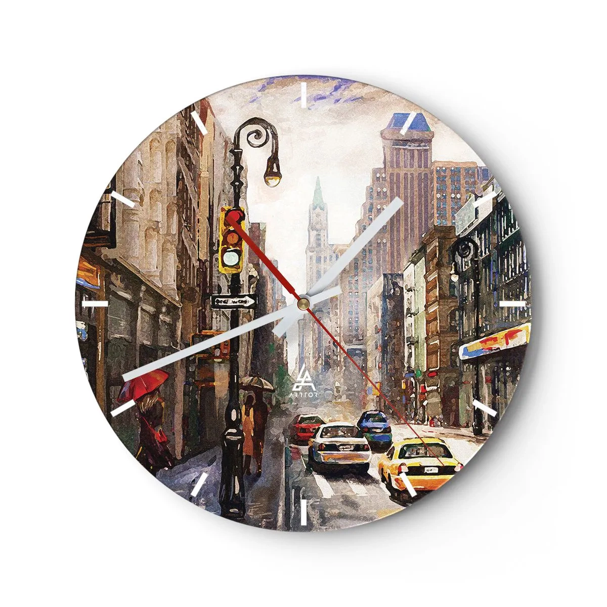Vægur, Uret - En gade i New York i malerisk stil - 30x30cm - New York - også farverig i regnvejr - Moderne vægdekoration til stue, køkken og soveværelse ARTTOR