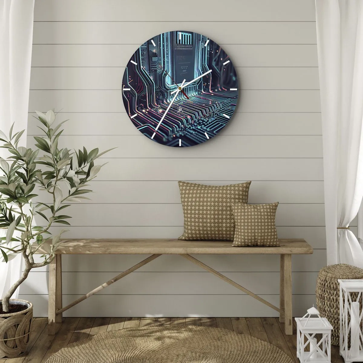Vægur, Uret - Nærbillede af et neon, futuristisk integreret kredsløb - 30x30cm - Jeg tror... - Moderne vægdekoration til stue, køkken og soveværelse ARTTOR