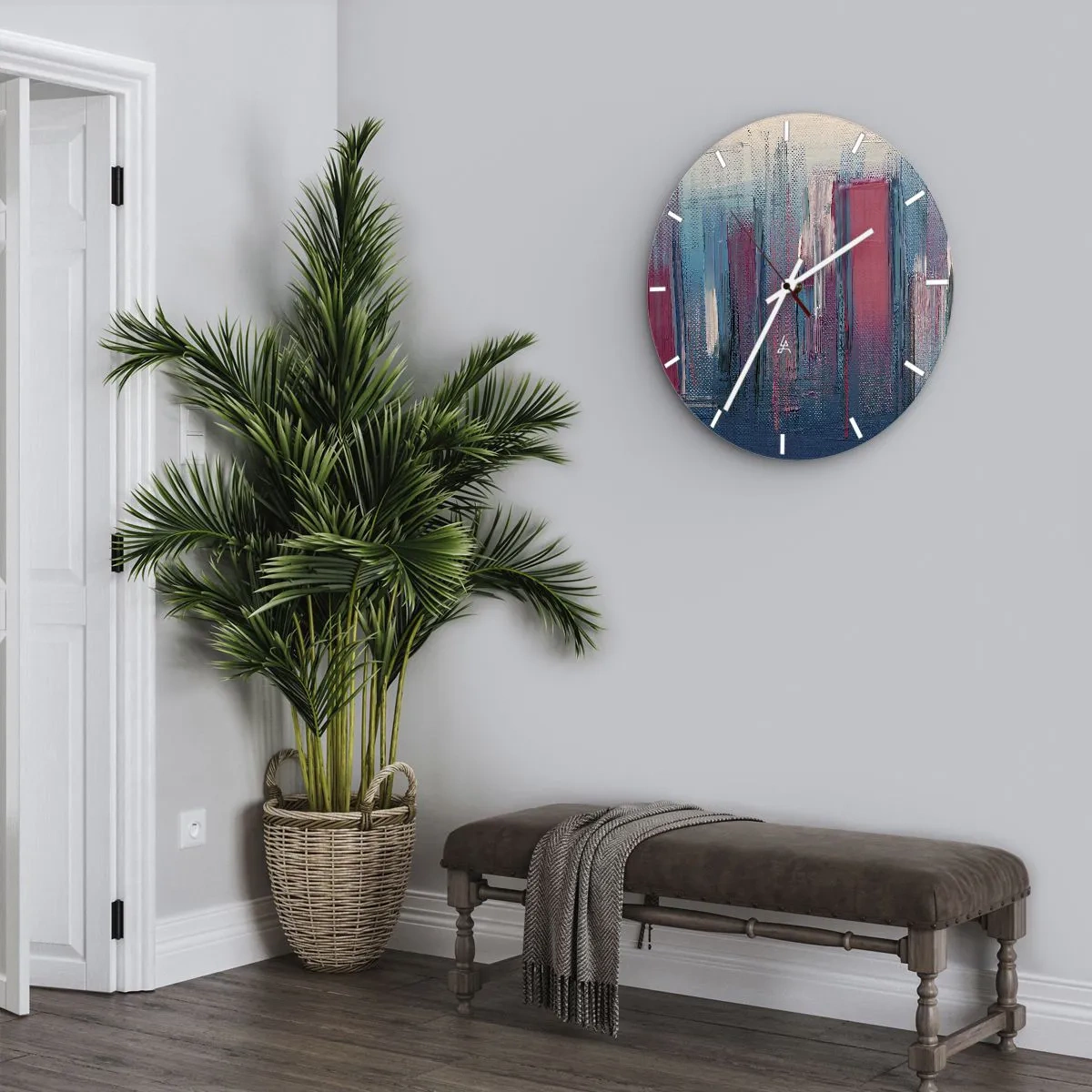 Vægur, Uret - Lodrette striber af blå og rød i kunstnerisk stil - 30x30cm - Lodret komposition i blåt og rødt - Moderne vægdekoration til stue, køkken og soveværelse ARTTOR