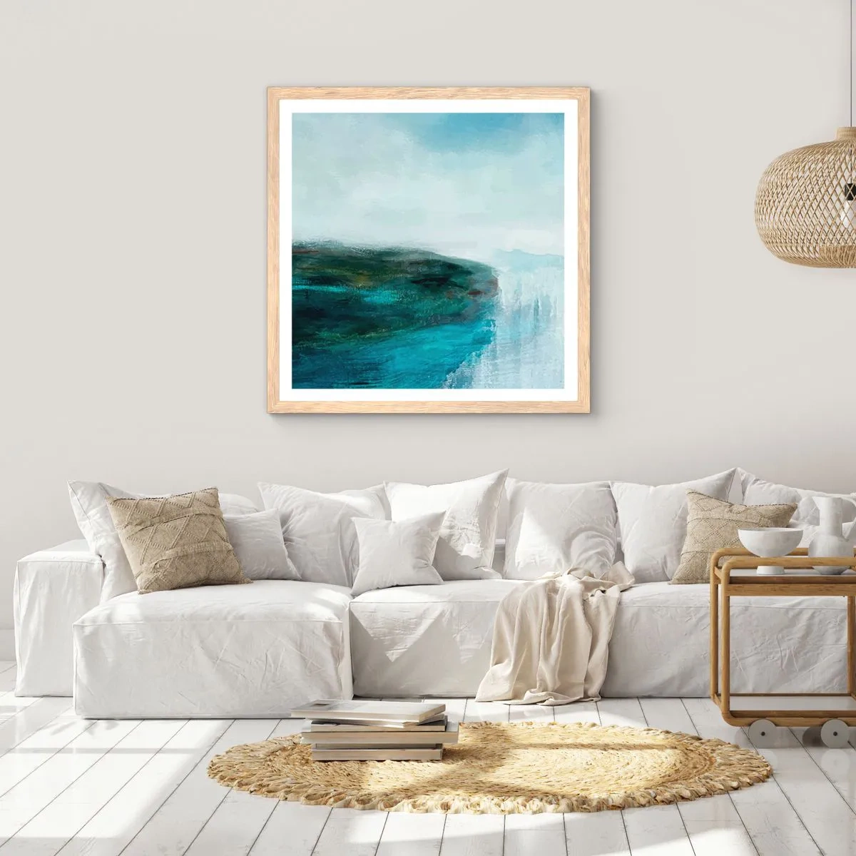 Plakat i ramme af lyst egetræ - Marin abstraktion - 30x30 cm