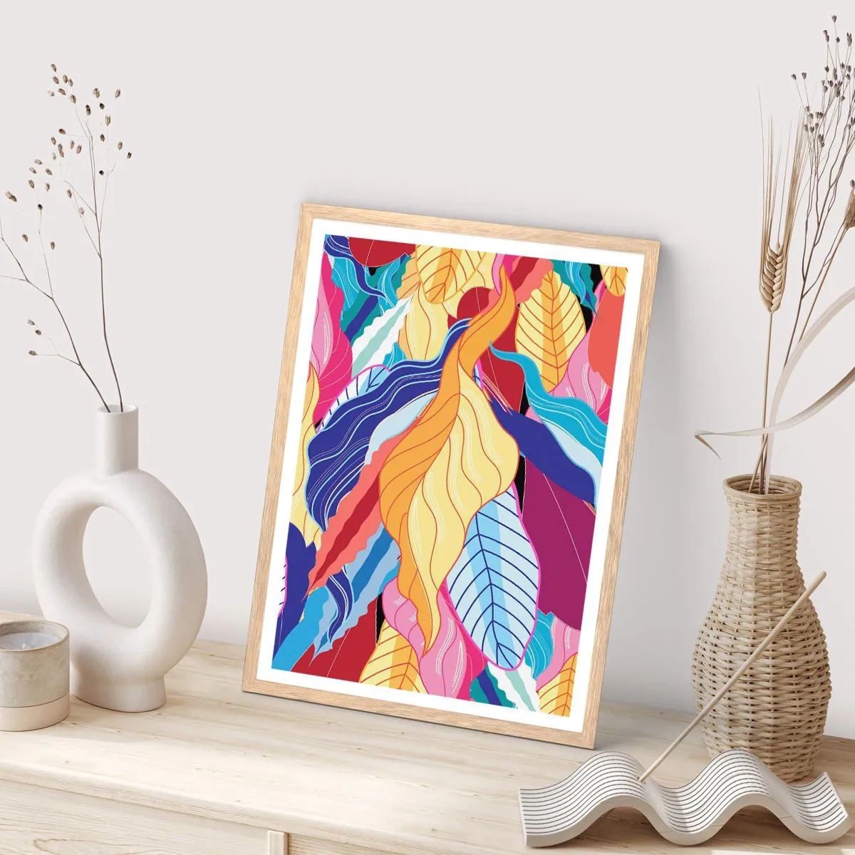 Plakat i ramme af lyst egetræ - Et farverigt rod - 70x100 cm