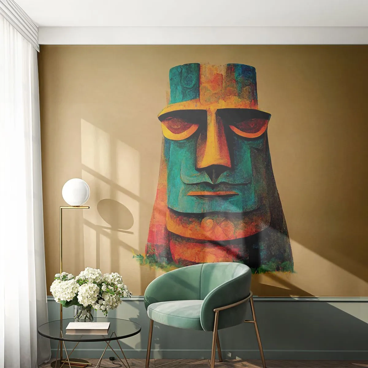 Fototapet Standard Eco - En farverig statue i Moai-stil på en beige baggrund - 100x70cm - Statuarisk, men alligevel sympatisk - Moderne vægdekoration til stue og soveværelse ARTTOR
