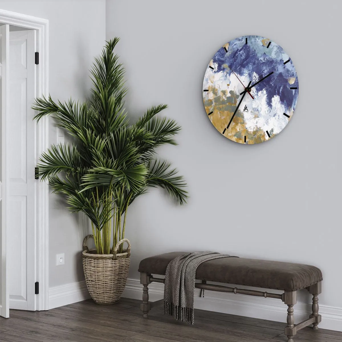 Vægur, Uret - Udtryksfuld abstraktion i nuancer af blå, hvid og okker - 30x30cm - Elementernes dans - Moderne vægdekoration til stue, køkken og soveværelse ARTTOR