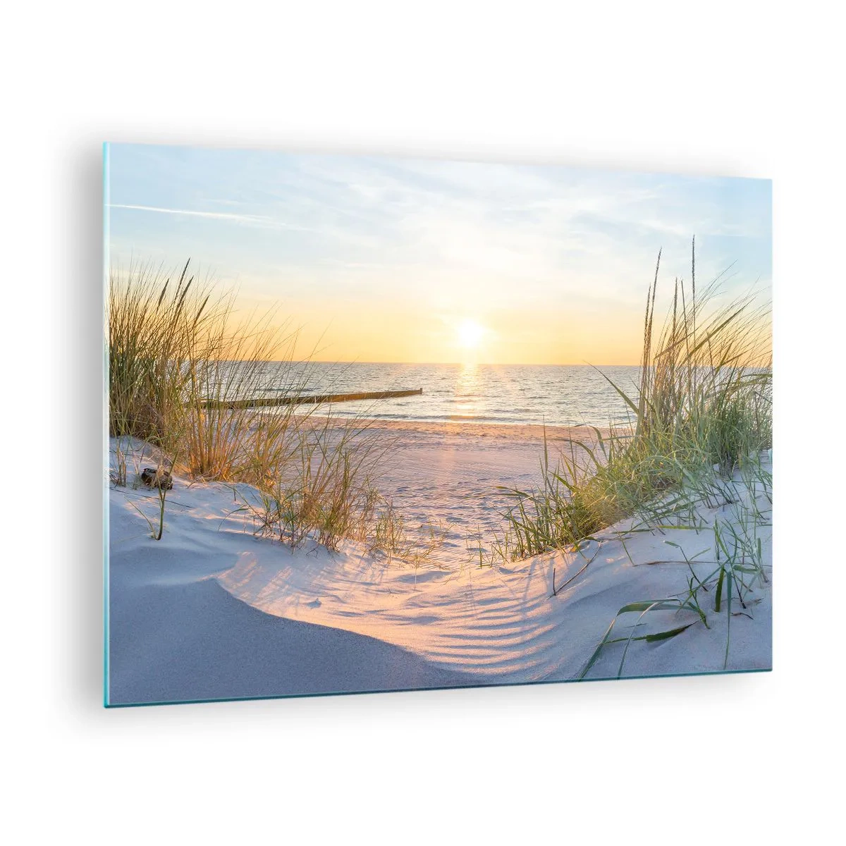 Billede på glas - Solnedgangsstrand med udsigt over havet og klitgræs - 70x50cm - Havet brummer, fuglene synger, en vild strand midt i græsset.... - Moderne vægdekoration til stue og soveværelse ARTTOR