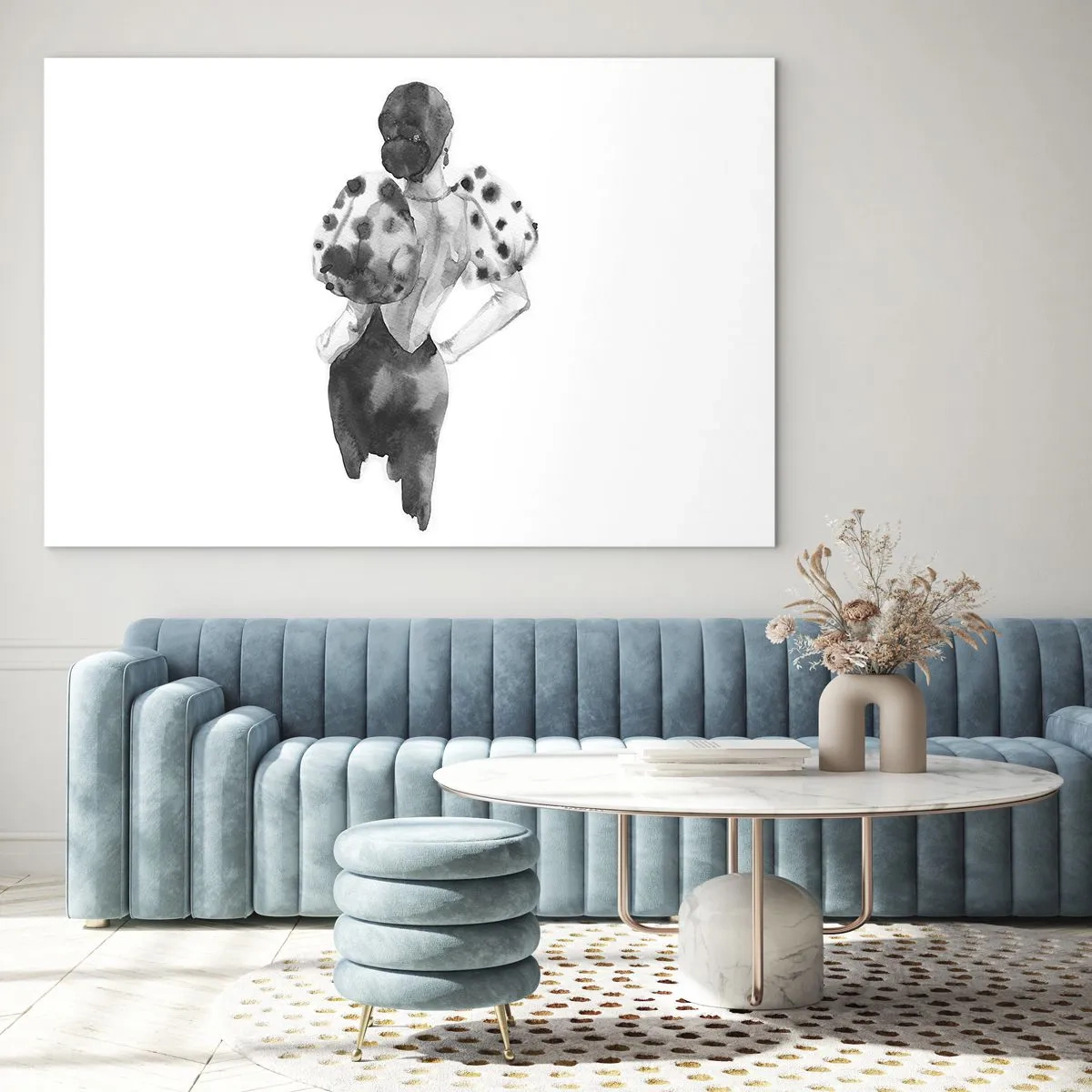 Billede på glas - Sort og hvid silhuet af en kvinde i et elegant outfit - 70x50cm - Den gik lige forbi - Moderne vægdekoration til stue og soveværelse ARTTOR