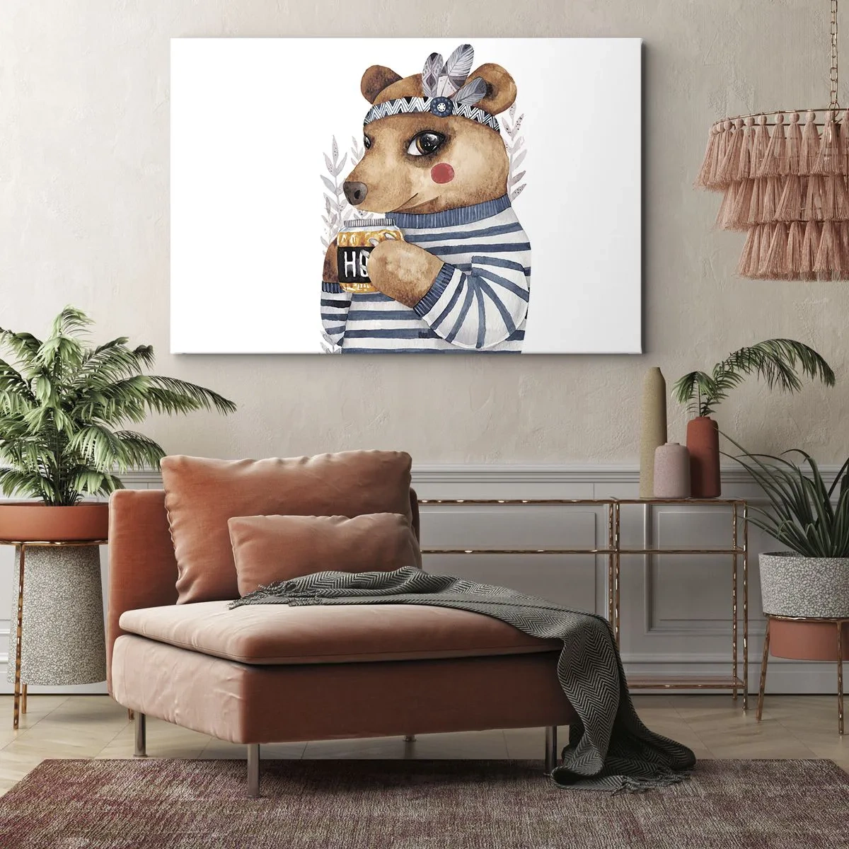 Lærredstryk - Billede på lærred - En bamse i en stribet sweater med en kop honning - 70x50cm - Søde bjørn - Moderne vægdekoration til stue og soveværelse ARTTOR