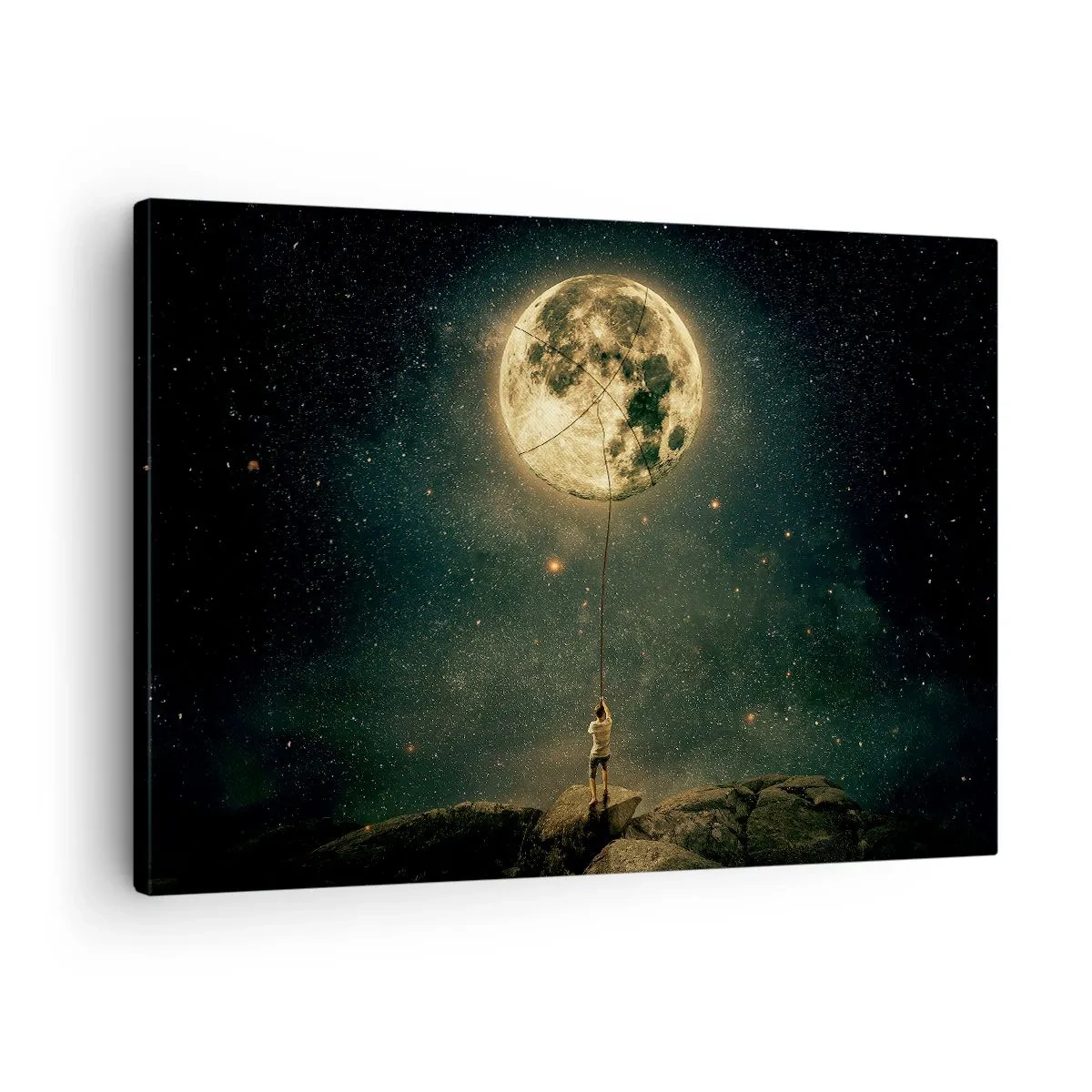 Lærredstryk - Billede på lærred - Mand med månen mod stjernehimlen - 70x50cm - En, der stjal månen - Moderne vægdekoration til stue og soveværelse ARTTOR