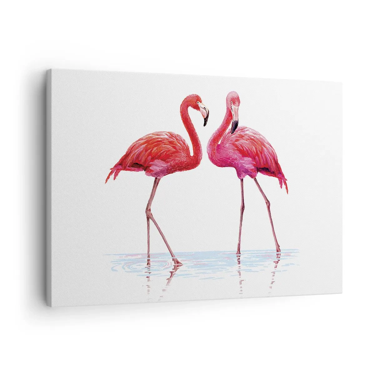 Lærredstryk - Billede på lærred - Et par flamingoer i vandet mod en lys baggrund - 70x50cm - Lyserødt randez-vous - Moderne vægdekoration til stue og soveværelse ARTTOR