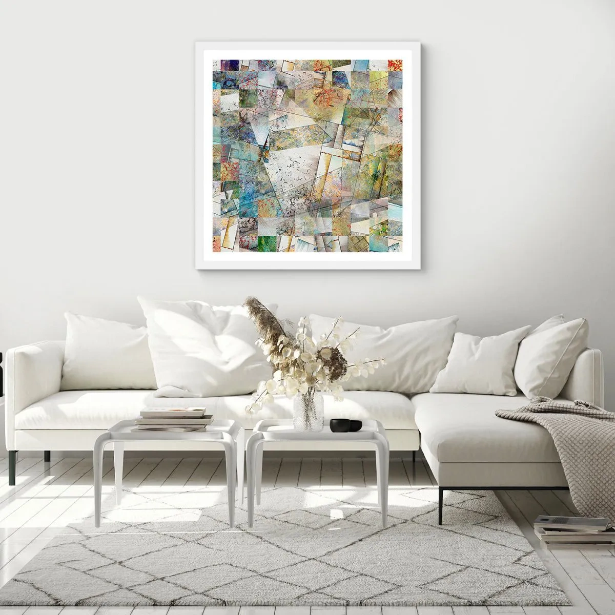 Plakat i hvid ramme - Geometrisk ommøblering - 30x30 cm