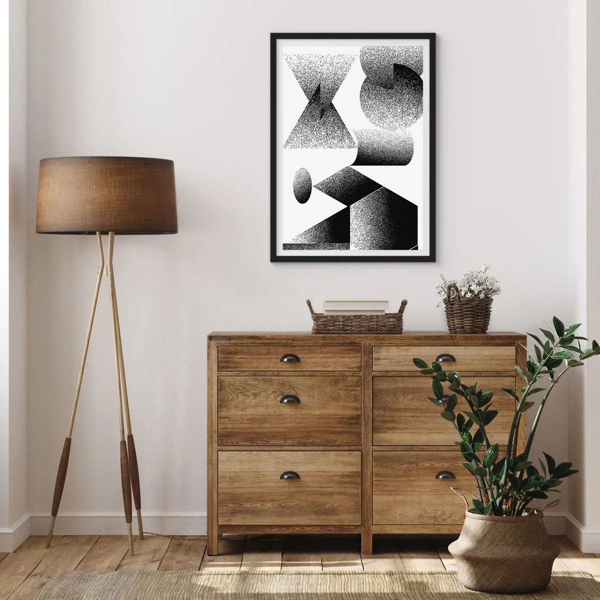 Plakat i sort ramme - Abstrakt komposition af geometriske former i sort-hvid - 50x70cm - Vinkler og ovaler - Moderne vægdekoration til stue og soveværelse ARTTOR