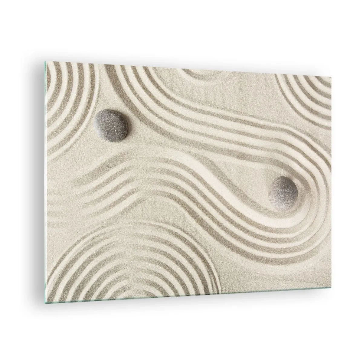 Billede på glas - Minimalistisk sand med sten og geometriske mønstre - 70x50cm - Et strejf af varme - Moderne vægdekoration til stue og soveværelse ARTTOR