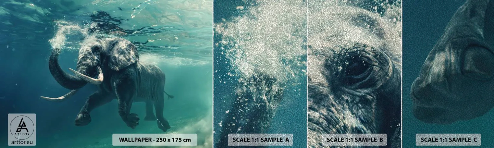 Prøve Fototapet Premium Sand - Alle kan lide at svømme - Abstraktion, Elefant, Stykke - 100x30 cm