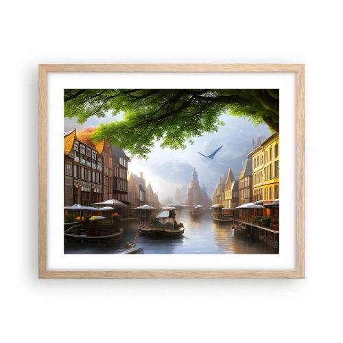 Plakat i ramme af lyst egetræ - Hollandsk bybillede - 50x40 cm