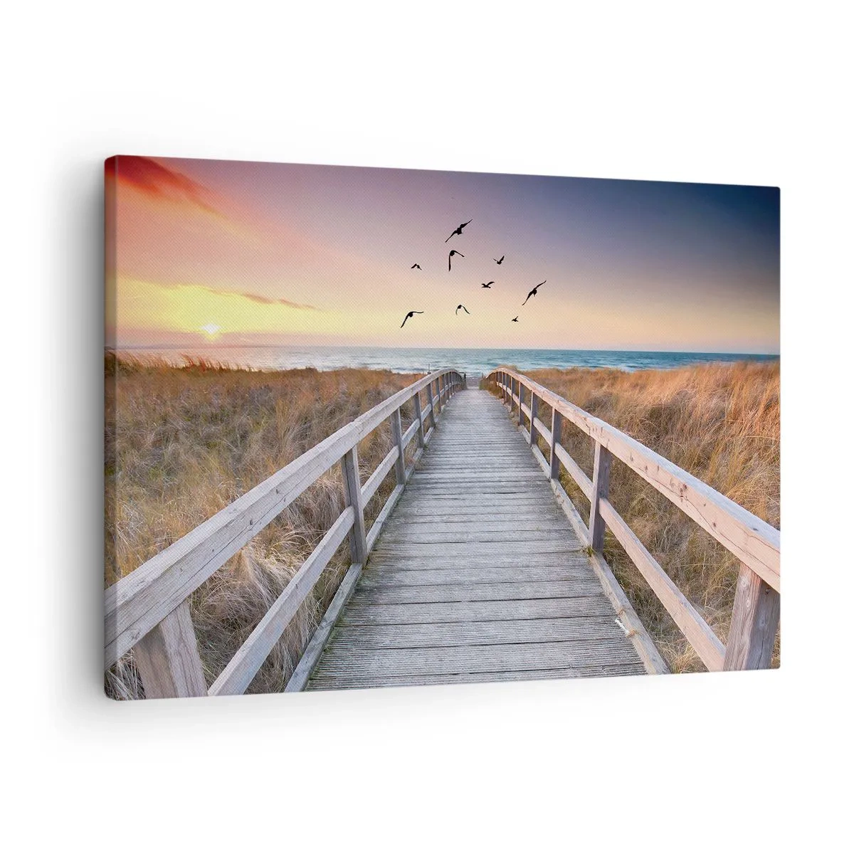 Lærredstryk - Billede på lærred - Træbro, der fører til stranden ved solnedgang - 70x50cm - Rummet med højder - Moderne vægdekoration til stue og soveværelse ARTTOR