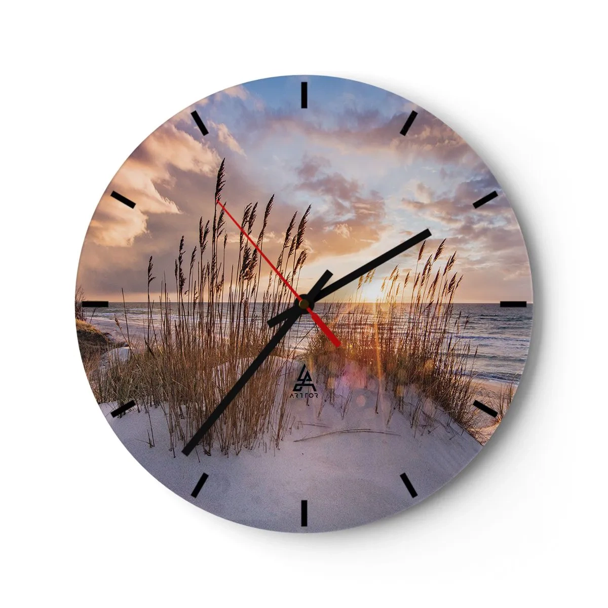 Vægur, Uret - Solnedgang over havet med sand og græs på klitterne - 30x30cm - Farvel til sol og vind - Moderne vægdekoration til stue, køkken og soveværelse ARTTOR