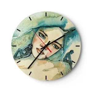 Vægur, Uret - Kunstnerisk portræt af en kvinde og silhuetter i blå nuancer - 30x30cm - Am I blue? - Moderne vægdekoration til stue, køkken og soveværelse ARTTOR