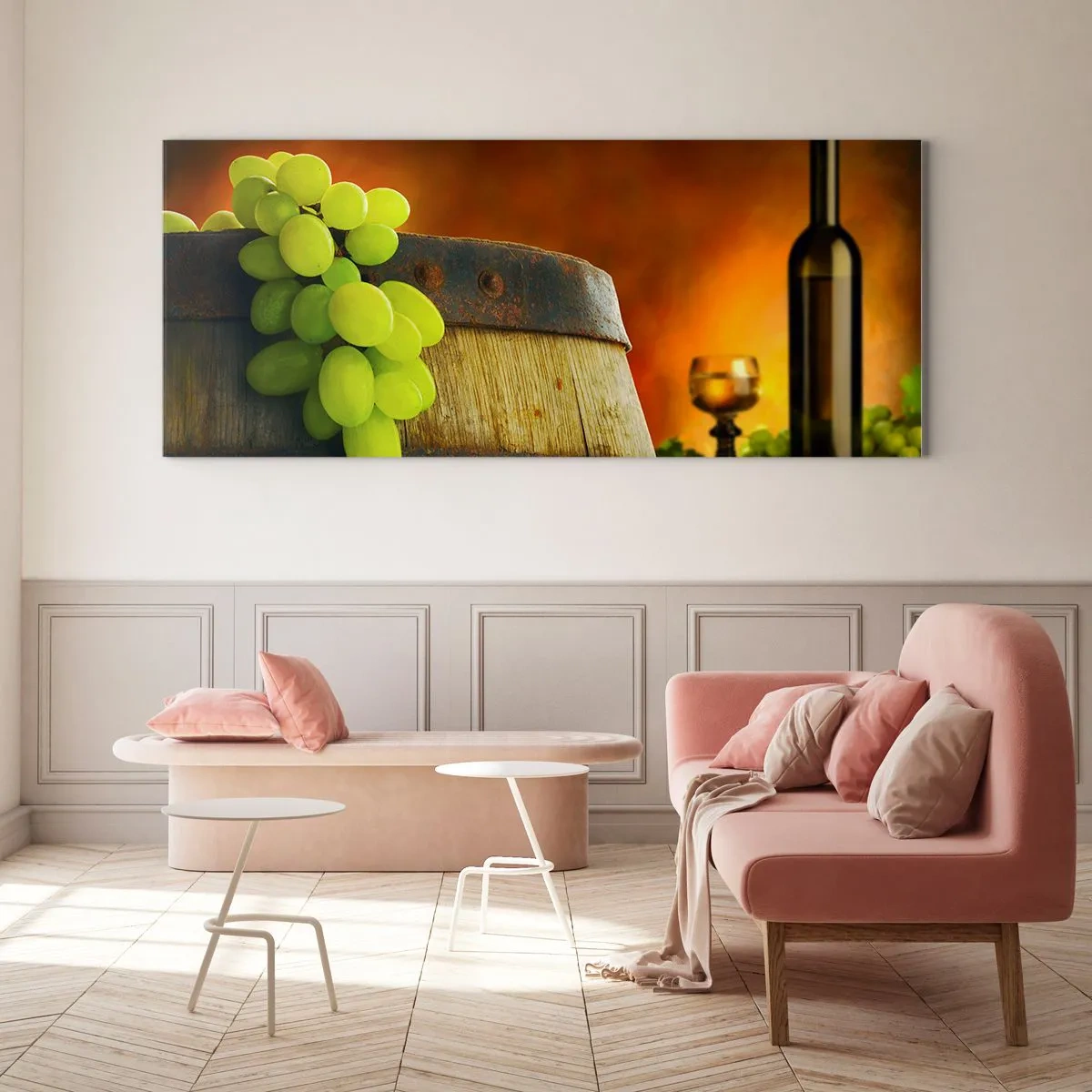 Billede på glas - Stilleben med en flaske vin og en drueklaske - 90x30 cm