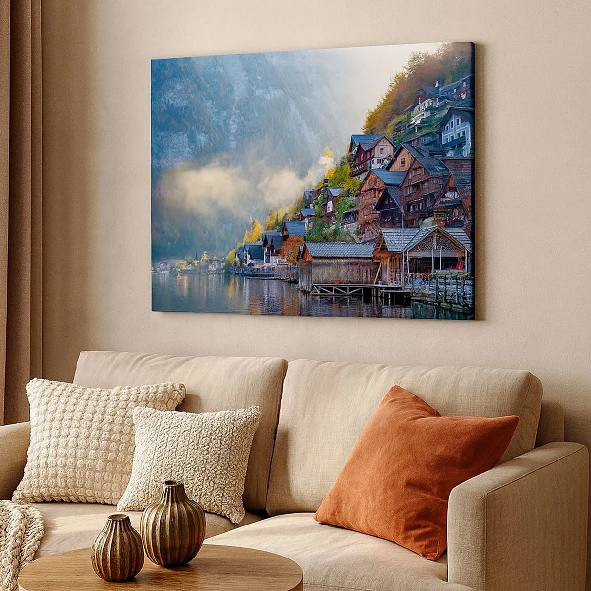 Lærredstryk - Billede på lærred - En bjerglandsby ved en sø i efterårssceneri - 70x50cm - Alpine climes - Moderne vægdekoration til stue og soveværelse ARTTOR