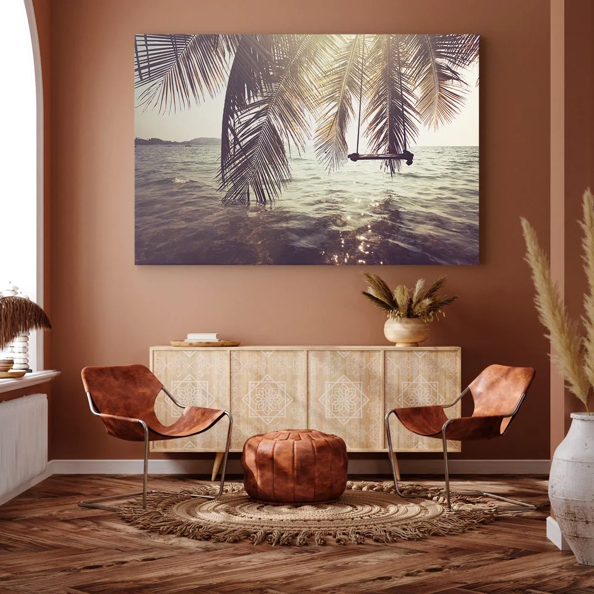 Lærredstryk - Billede på lærred - Palme med gynge over vandet i sollyset - 70x50cm - Du kan svæve i skyerne efter behag - Moderne vægdekoration til stue og soveværelse ARTTOR
