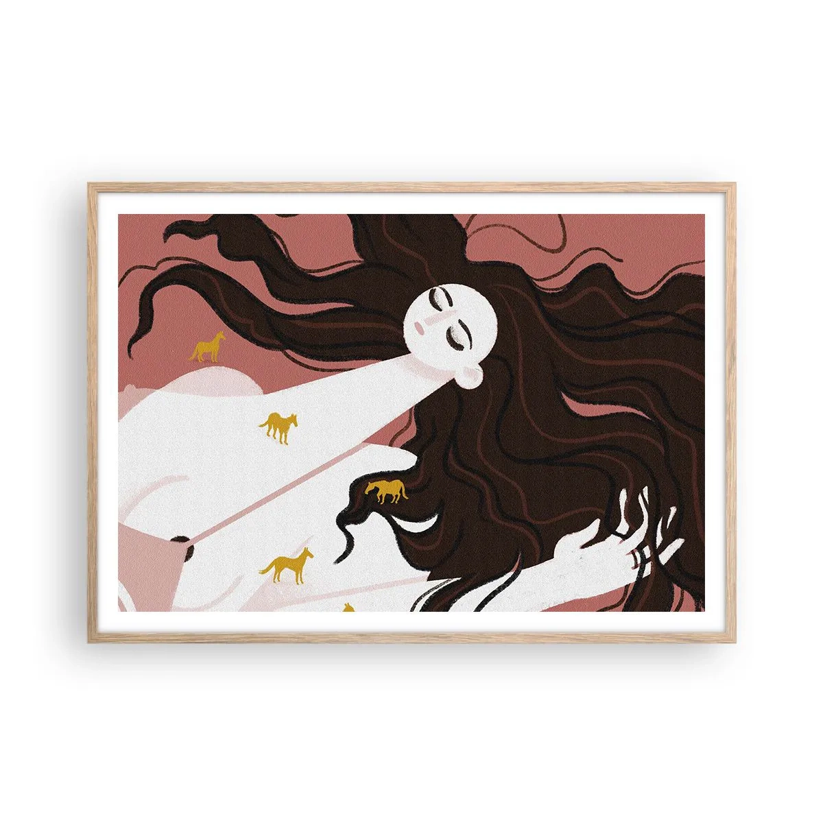 Plakat i ramme af lyst egetræ - Drøm om en gylden hest - 100x70 cm