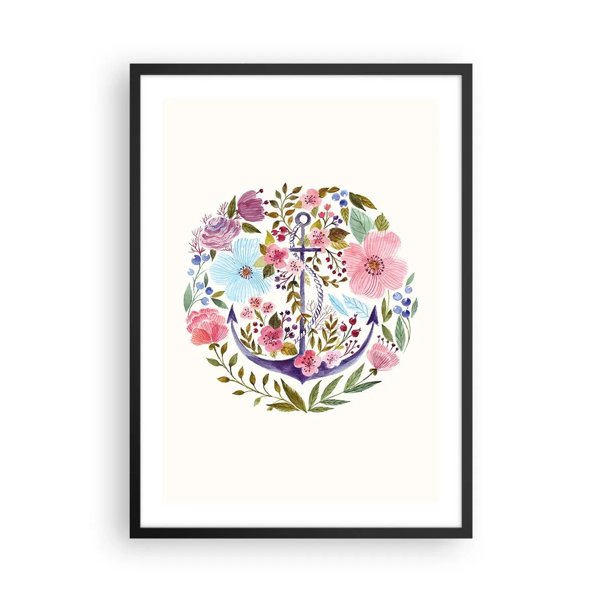 Plakat i sort ramme - Et akvarel anker omgivet af blomster på en lys baggrund. - 50x70cm - En sømands gode nattesøvn - Moderne vægdekoration til stue og soveværelse ARTTOR