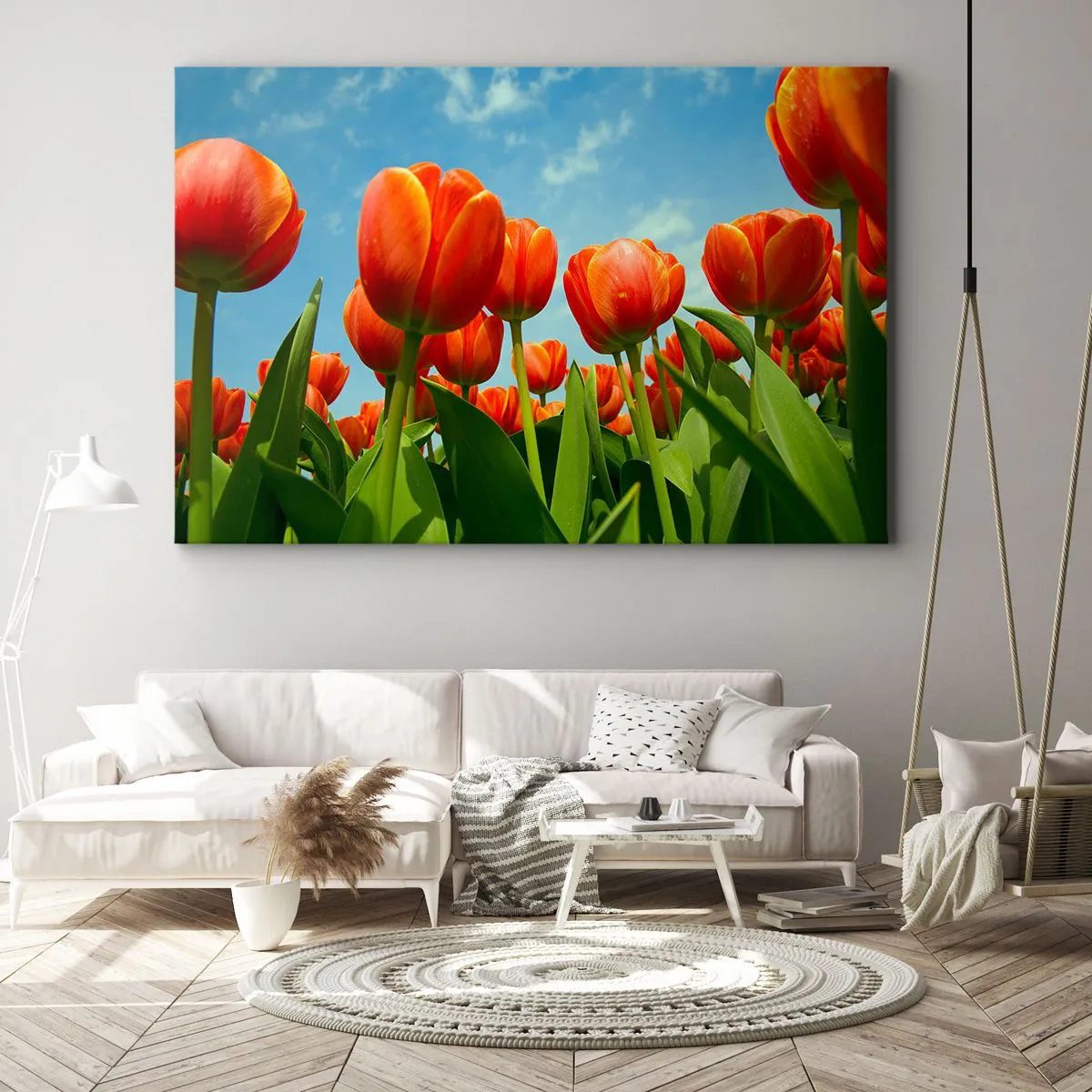 Lærredstryk - Billede på lærred - Et felt af røde og orange tulipaner mod en blå himmel - 70x50cm - Bortset fra den blå himmel behøver de intet i livet - Moderne vægdekoration til stue og soveværelse ARTTOR