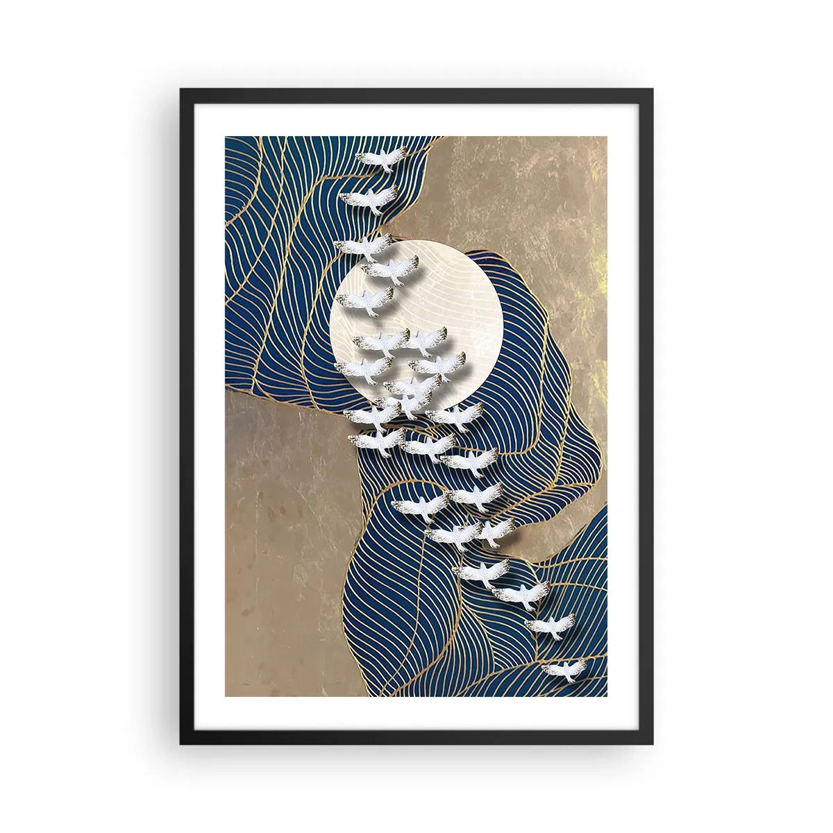 Plakat i sort ramme - Abstrakt komposition med fugle og månen i gyldne toner - 50x70cm - Frihed, rejselyst, fællesskab - Moderne vægdekoration til stue og soveværelse ARTTOR