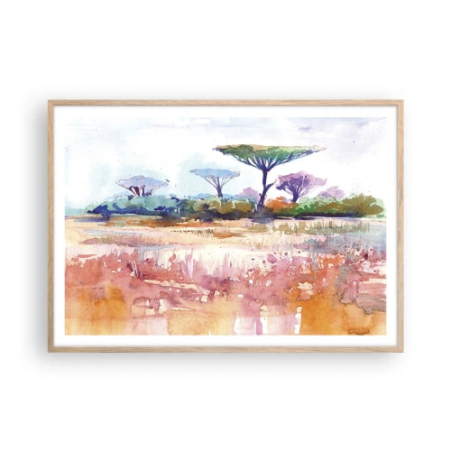 Plakat i ramme af lyst egetræ - Savannens farver - 100x70 cm