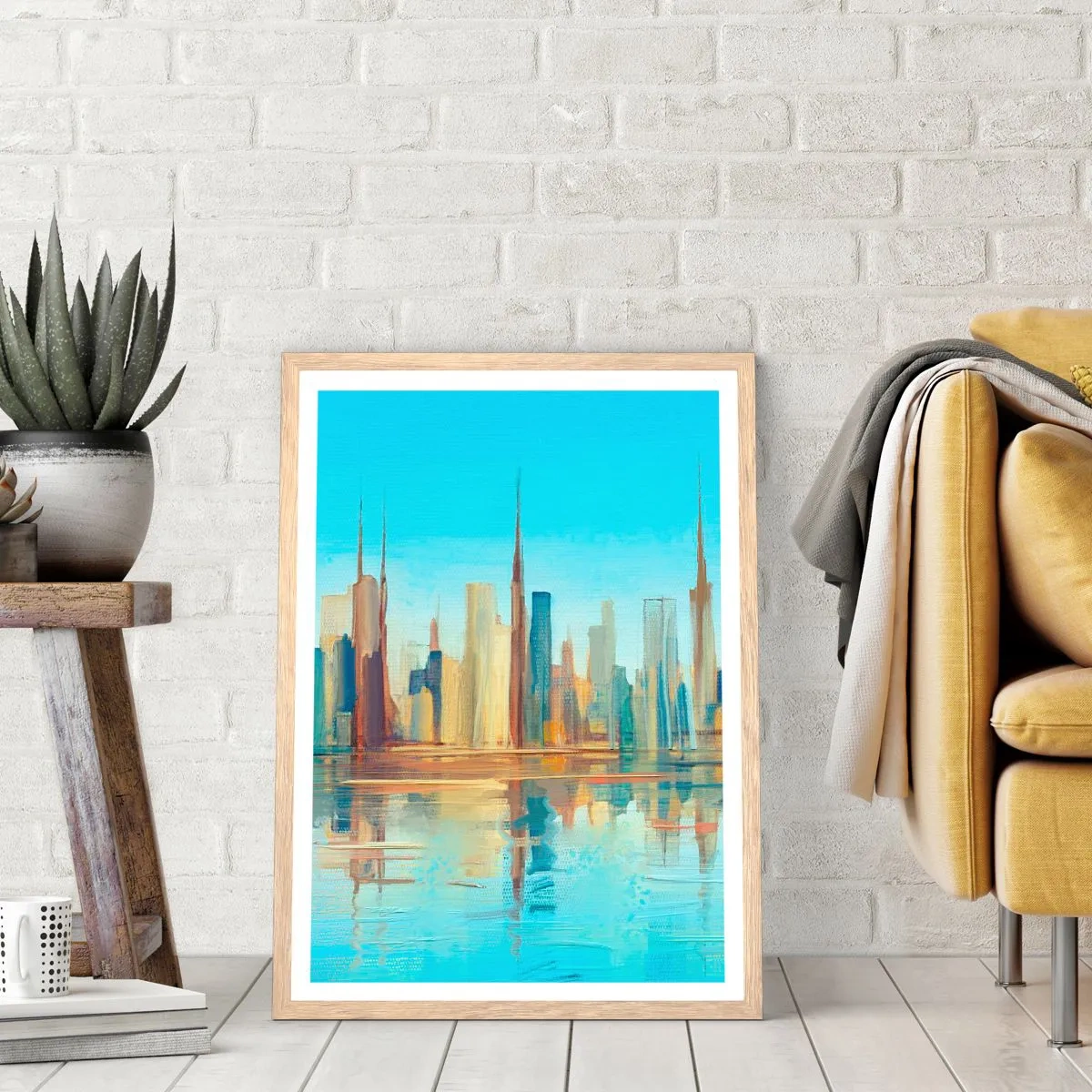 Plakat i ramme af lyst egetræ - Solrig metropol - 70x100 cm